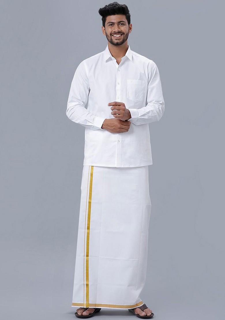 White Pack Of 2 Cotton Solid Dhotis For Men - Indya