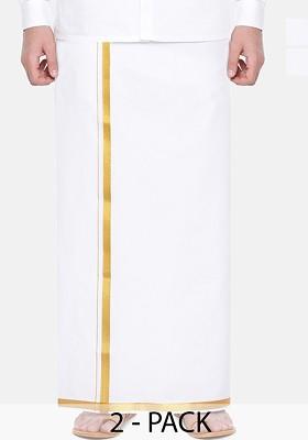 White Pack Of 2 Cotton Dhotis With Zari Border For Men