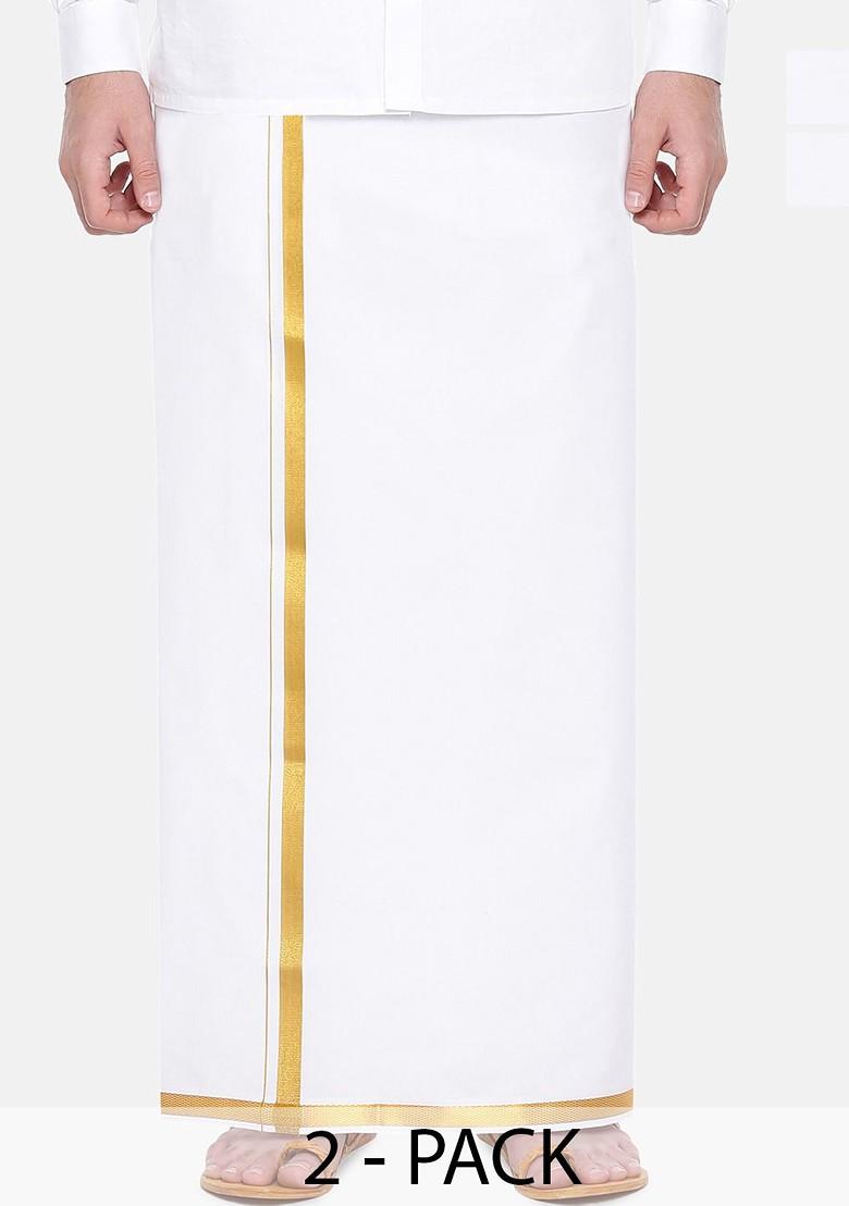 White Pack Of 2 Cotton Dhotis With Zari Border For Men - Indya