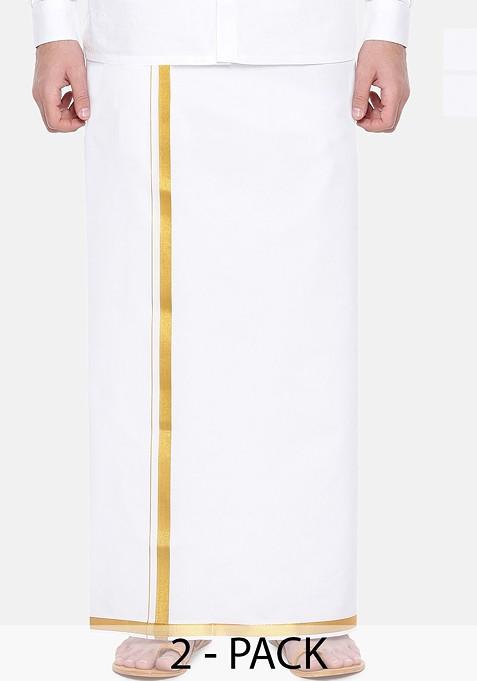 White Pack Of 2 Cotton Dhotis With Zari Border For Men — view on Indya