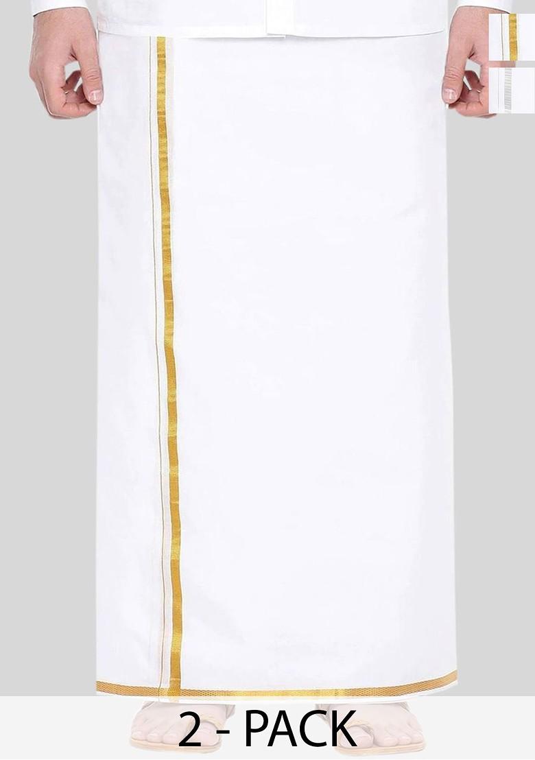 White Pack Of 2 Cotton Dhotis For Men