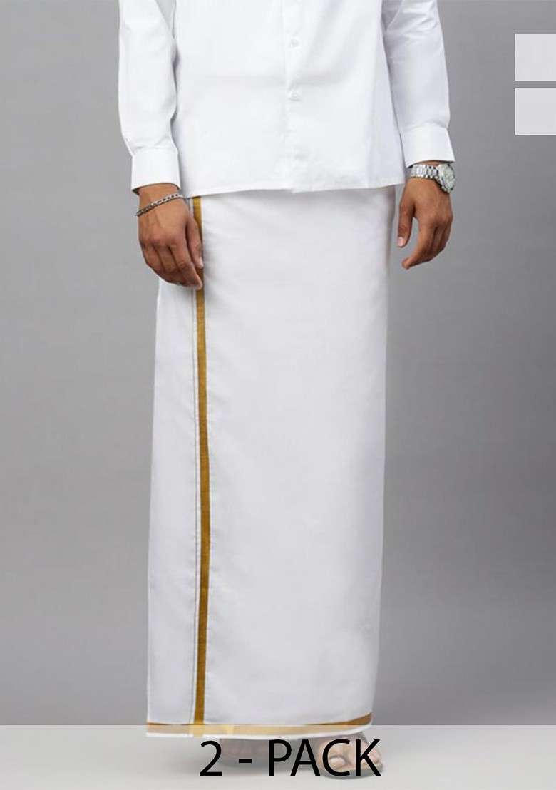White Cotton Pack Of 2 White Solid Gold Jari Border Single Layer Dhoti For Men - Indya