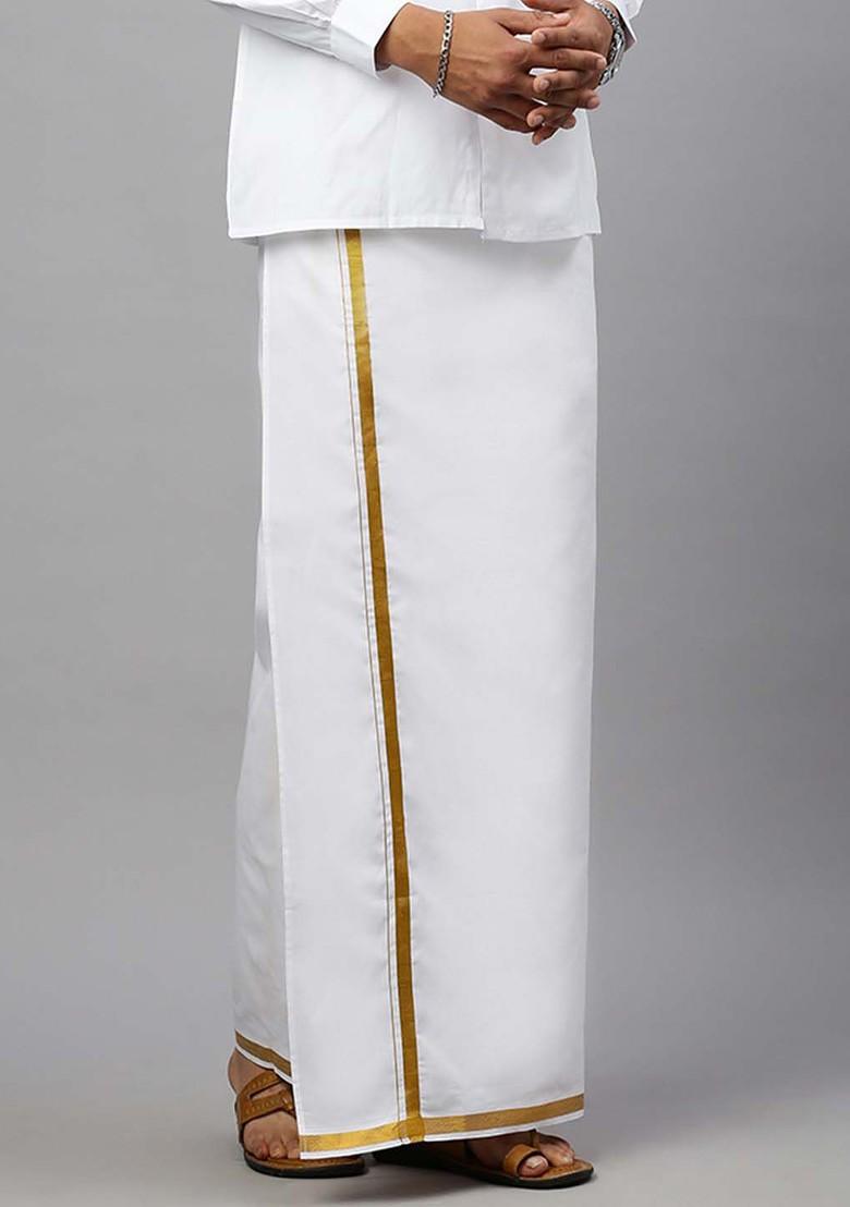 White Cotton Pack Of 2 White Solid Gold Jari Border Single Layer Dhoti For Men - Indya