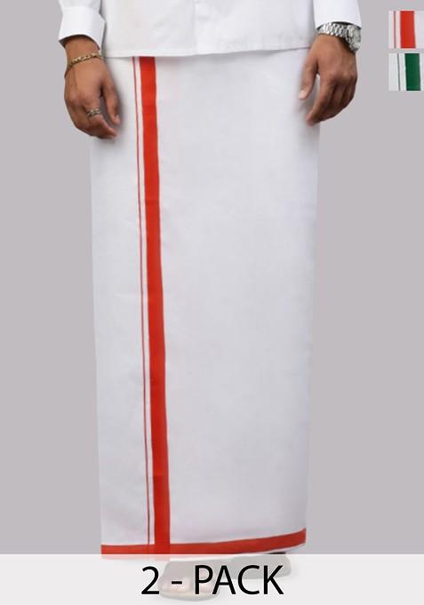 White Pack Of 2 Solid Border Dhoti For Men