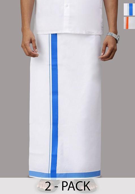 White Pack Of 2 Solid Border Dhoti For Men