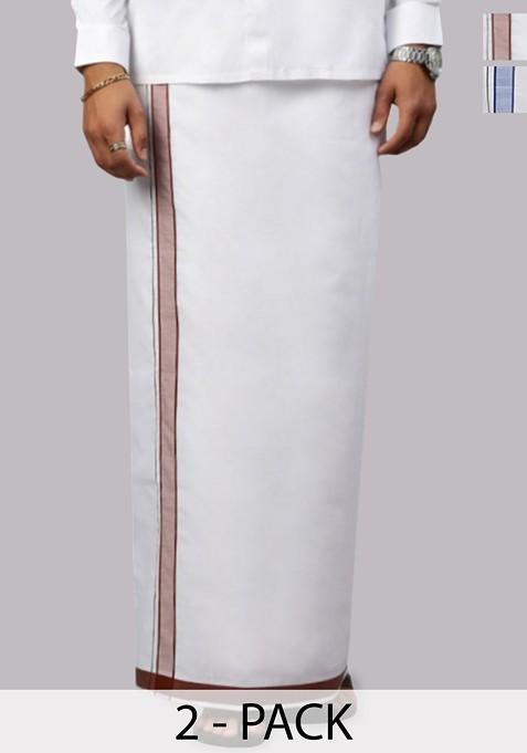 White Pack Of 2 Solid Border Dhoti For Men