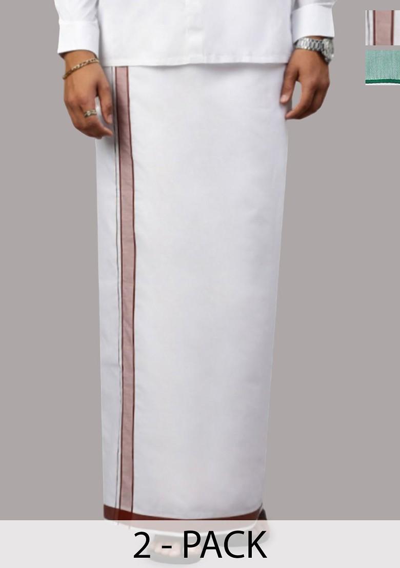 White Pack Of 2 Solid Border Dhoti For Men