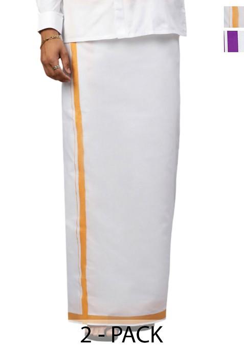 White Pack Of 2 Solid Border Dhoti For Men