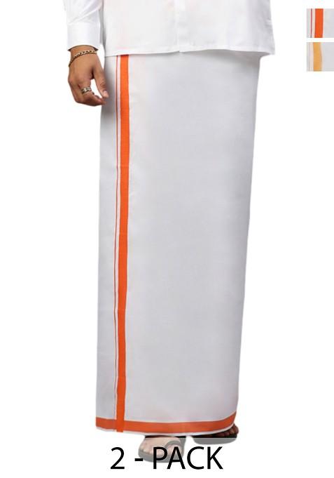 White Pack Of 2 Solid Border Dhoti For Men