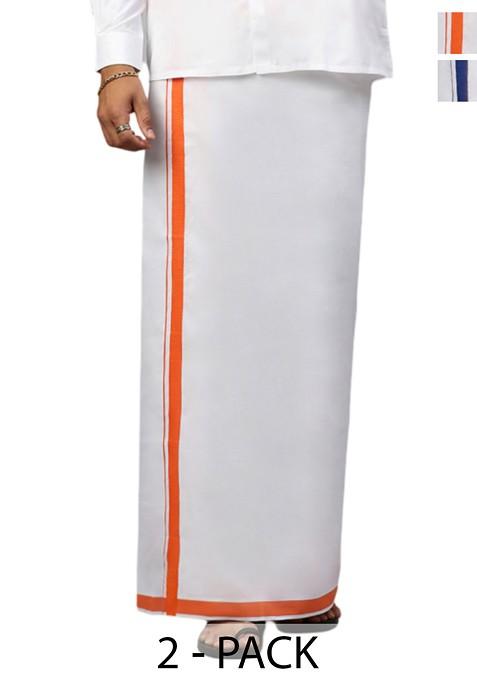 White Pack Of 2 Solid Border Dhoti For Men