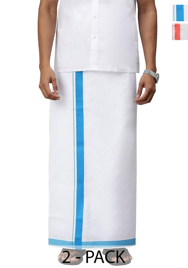 White Pack Of 2 Solid Border Dhoti For Men