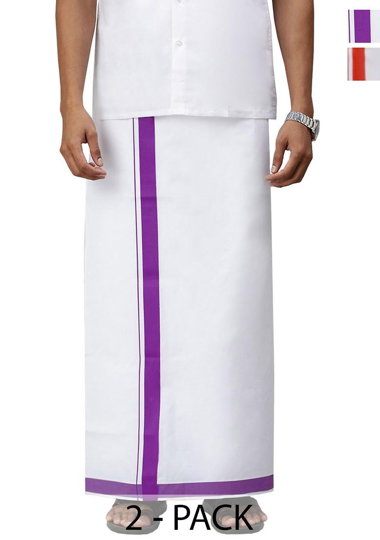 White Pack Of 2 Solid Border Dhoti For Men