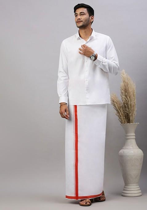 White Pack Of 2 Solid Border Dhoti For Men