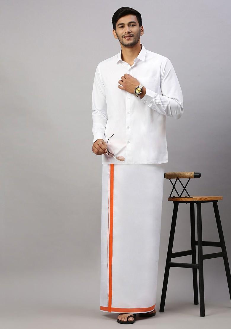 White Pack Of 2 Solid Border Dhoti For Men