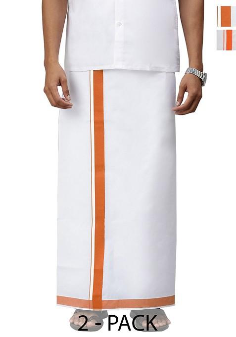 White Pack Of 2 Solid Border Dhoti For Men