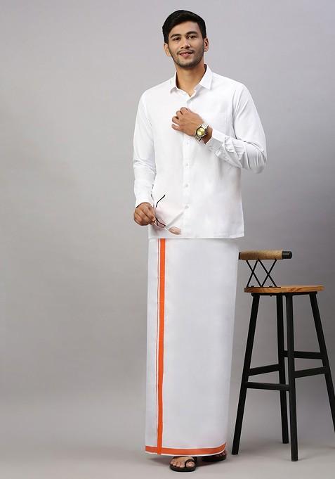 White Pack Of 2 Solid Border Dhoti For Men