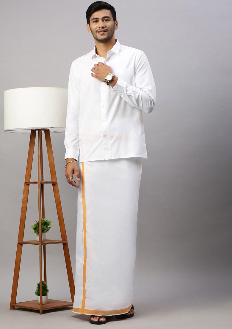 White Pack Of 2 Solid Border Dhoti For Men