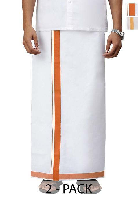 White Pack Of 2 Solid Border Dhoti For Men
