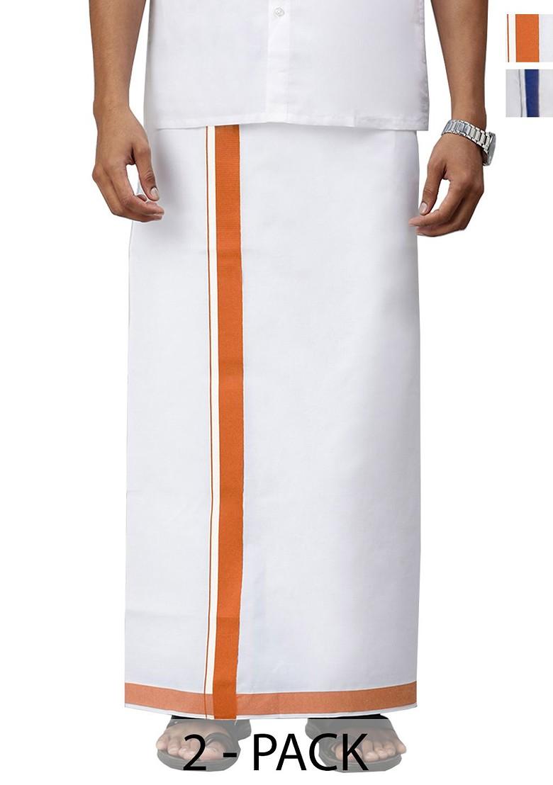 White Pack Of 2 Solid Border Dhoti For Men - Indya