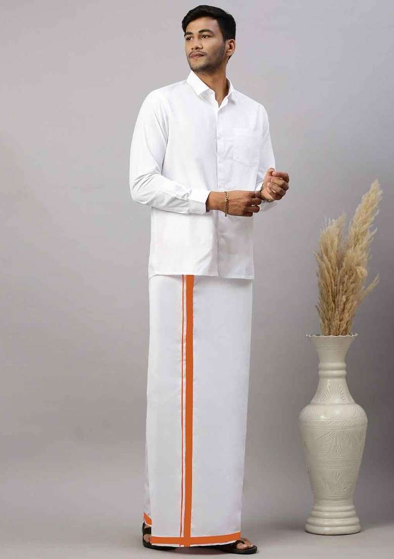 White Pack Of 2 Solid Border Dhoti For Men - Indya