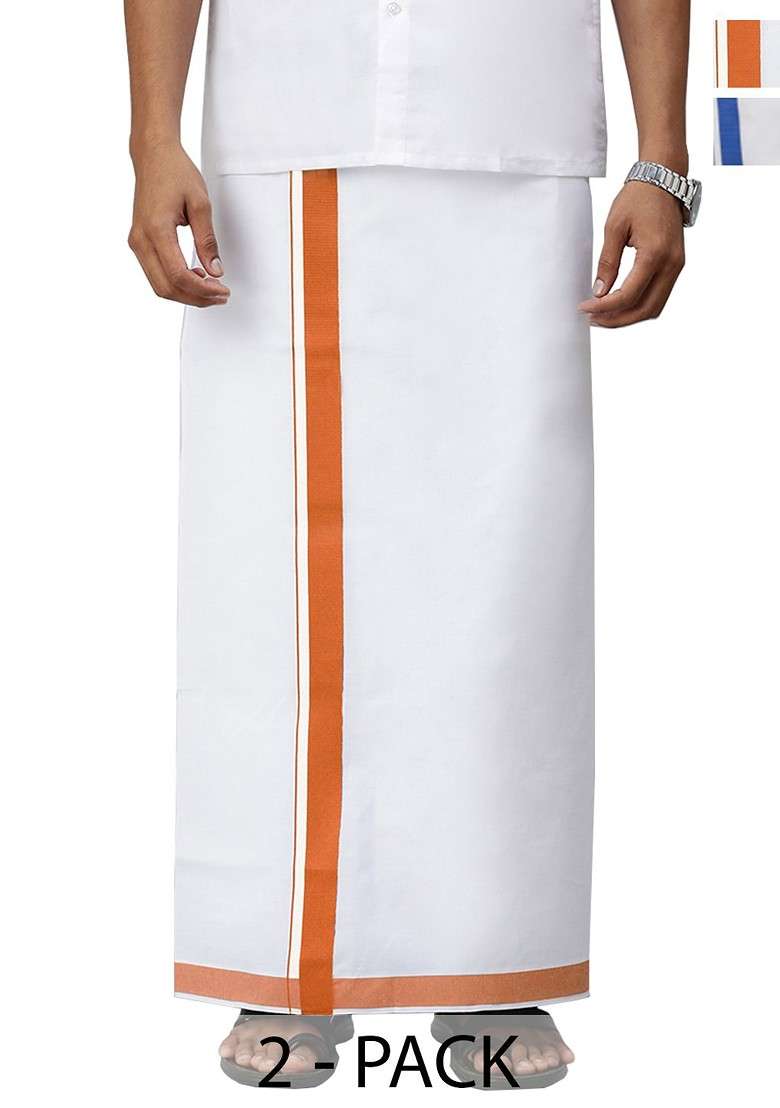 White Pack Of 2 Solid Border Dhoti For Men - Indya