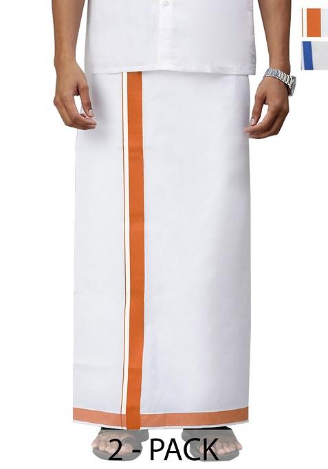 White Pack Of 2 Solid Border Dhoti For Men
