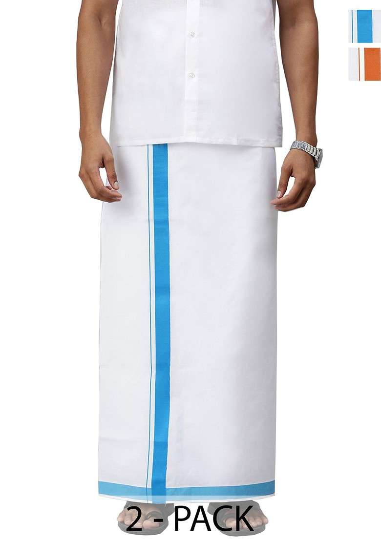 White Pack Of 2 Solid Border Dhoti For Men - Indya