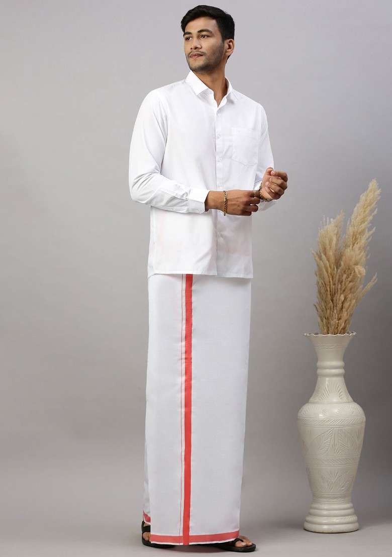 White Pack Of 2 Solid Border Dhoti For Men - Indya
