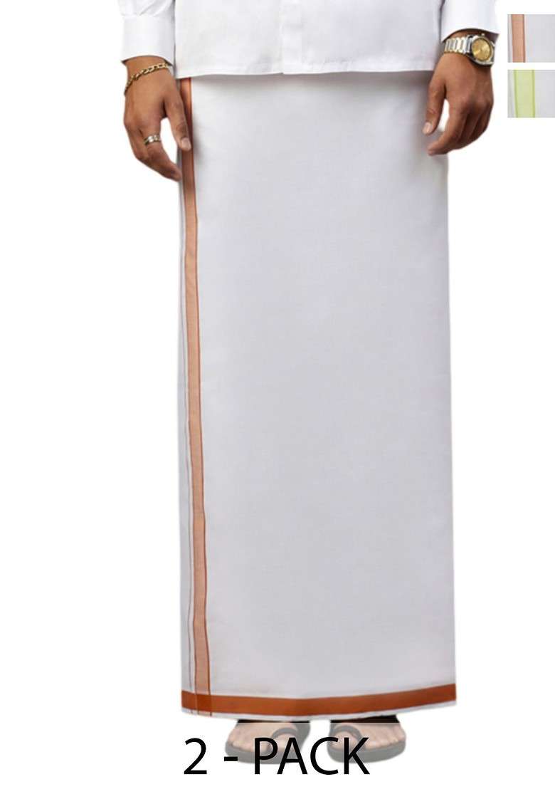 White Pack Of 2 Solid Border Dhoti For Men - Indya