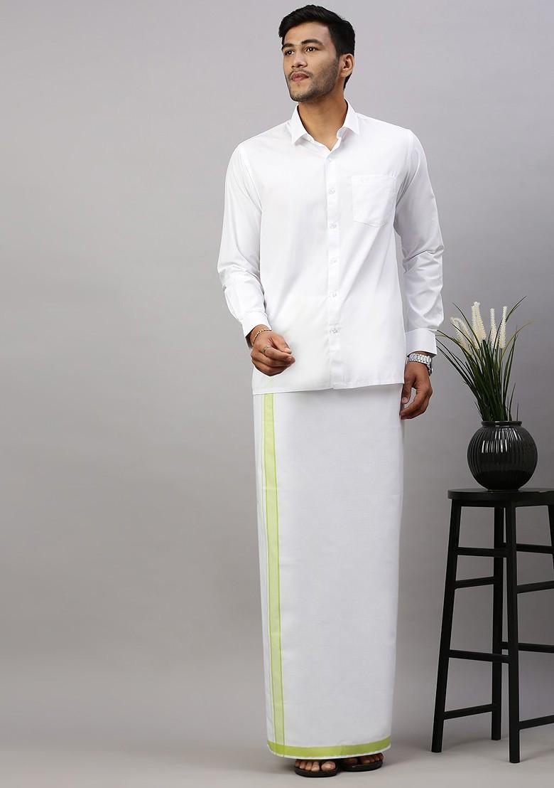 White Pack Of 2 Solid Border Dhoti For Men - Indya