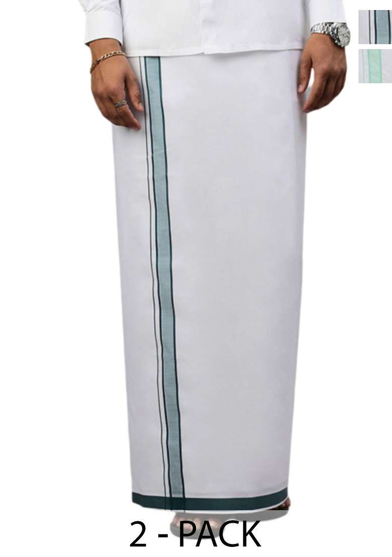 White Pack Of 2 Solid Border Dhoti For Men - Indya