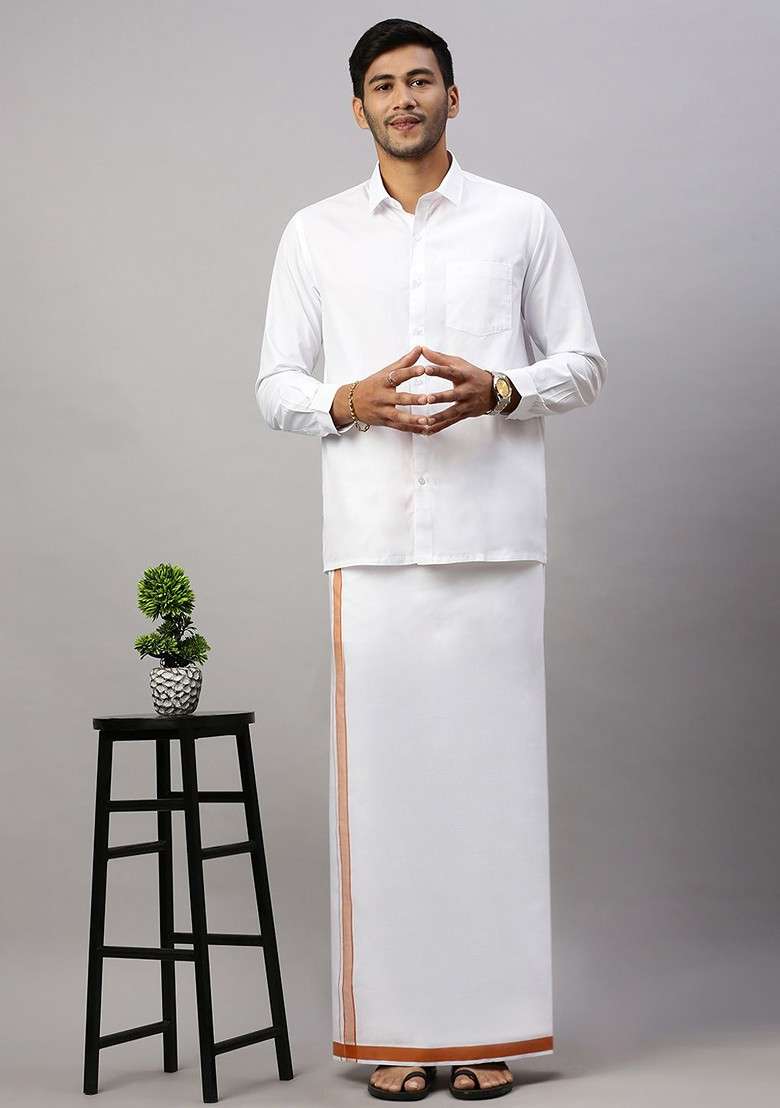 White Pack Of 2 Solid Border Dhoti For Men - Indya