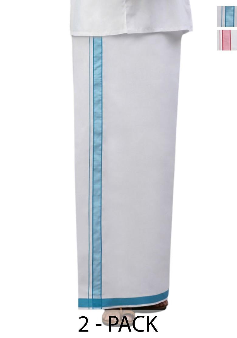 White Pack Of 2 Solid Border Dhoti For Men - Indya