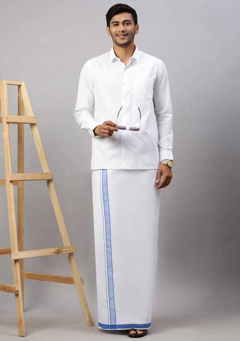White Pack Of 2 Solid Border Dhoti For Men - Indya