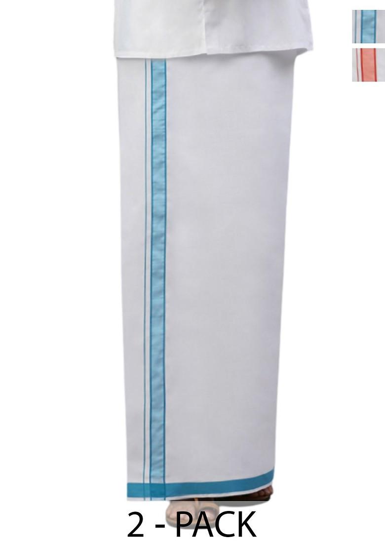White Pack Of 2 Solid Border Dhoti For Men - Indya