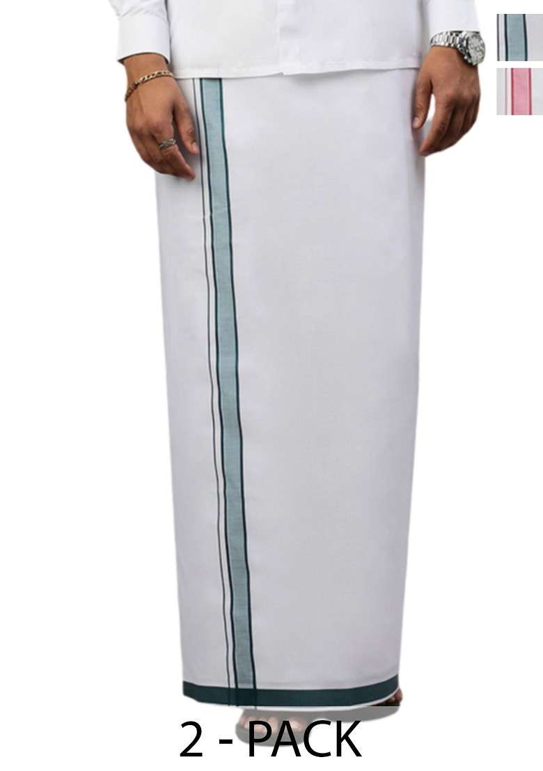 White Pack Of 2 Solid Border Dhoti For Men - Indya