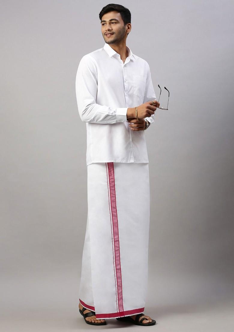 White Pack Of 2 Solid Border Dhoti For Men - Indya