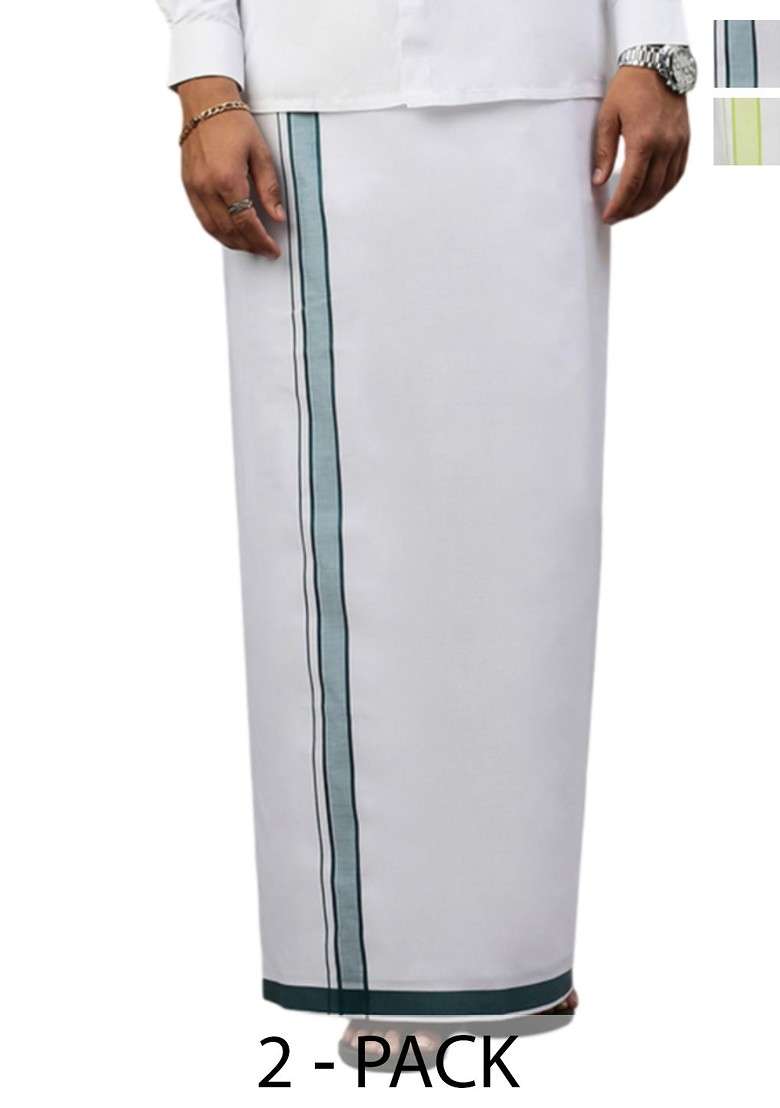 White Pack Of 2 Solid Border Dhoti For Men - Indya