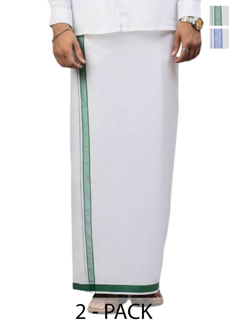 White Pack Of 2 Solid Border Dhoti For Men - Indya