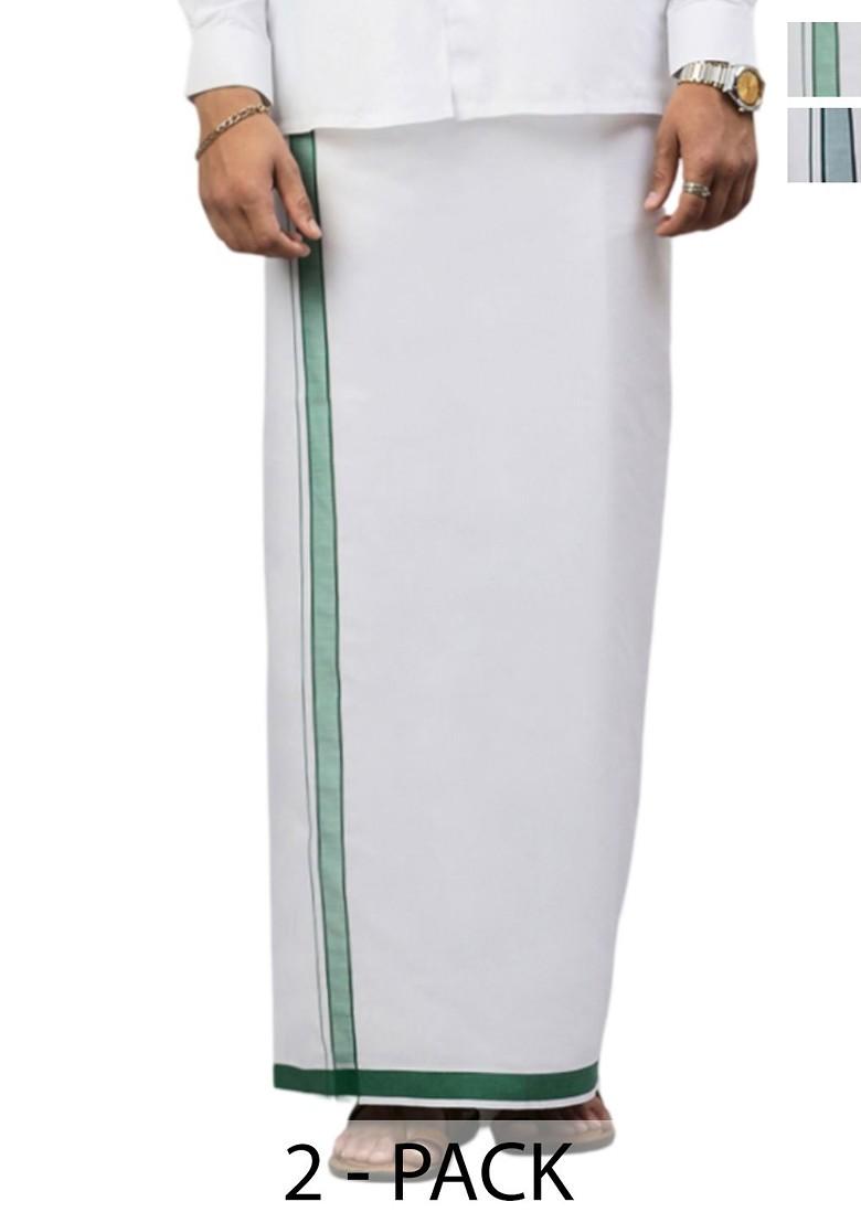 White Pack Of 2 Solid Border Dhoti For Men