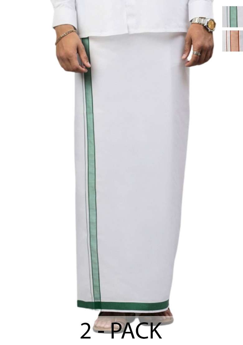 White Pack Of 2 Solid Border Dhoti For Men - Indya