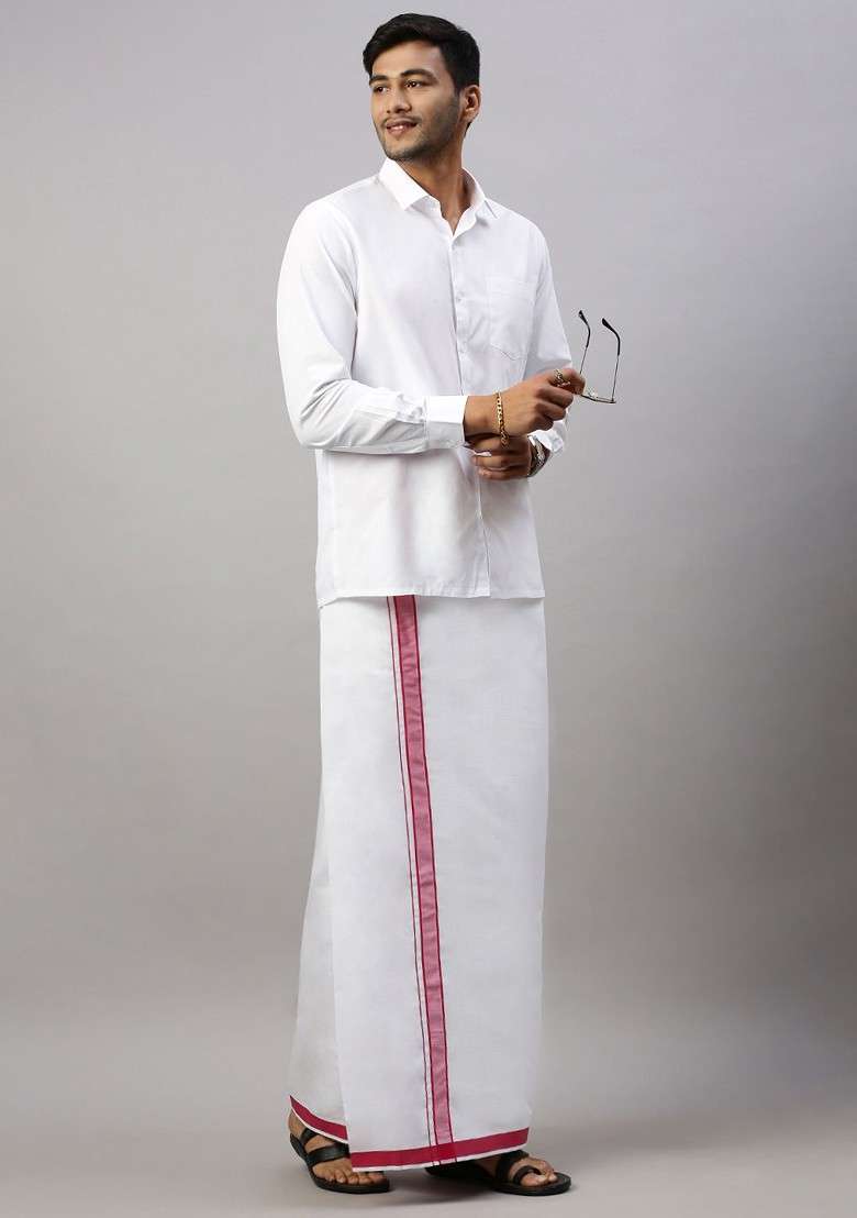 White Pack Of 2 Solid Border Dhoti For Men - Indya