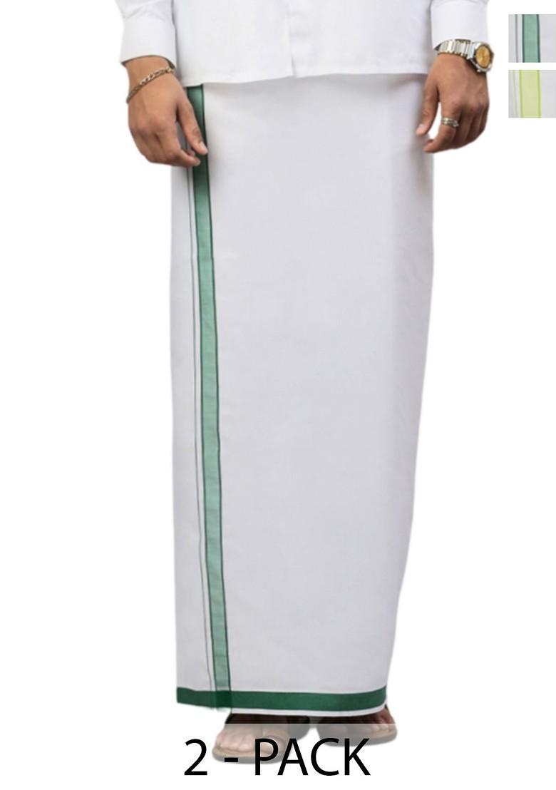 White Pack Of 2 Solid Border Dhoti For Men - Indya