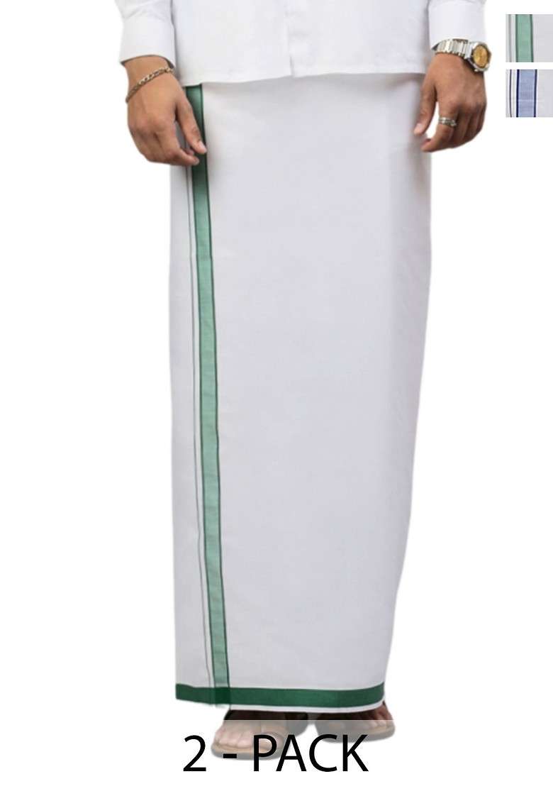 White Pack Of 2 Solid Border Dhoti For Men - Indya