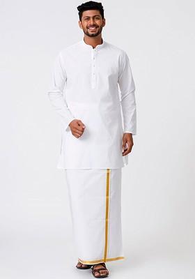 White Mandarin Collar Pure Cotton Straight Kurta With Golden Zari Dhoti For Men