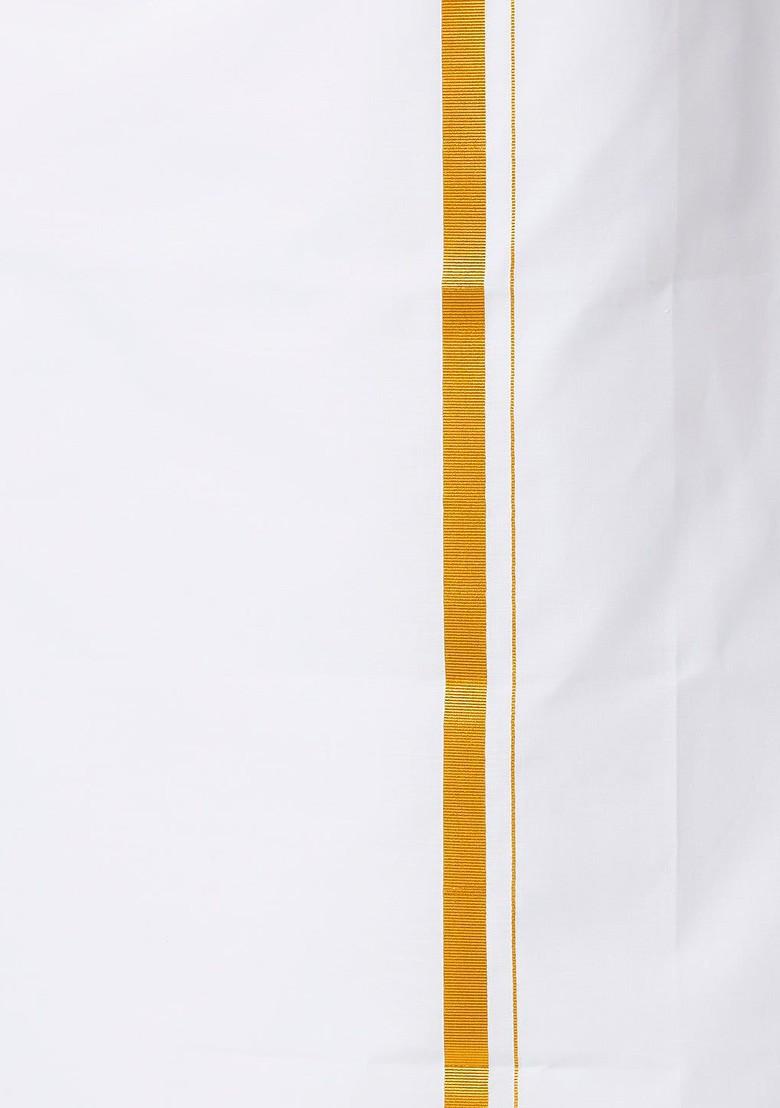 White Mandarin Collar Pure Cotton Straight Kurta With Golden Zari Dhoti For Men