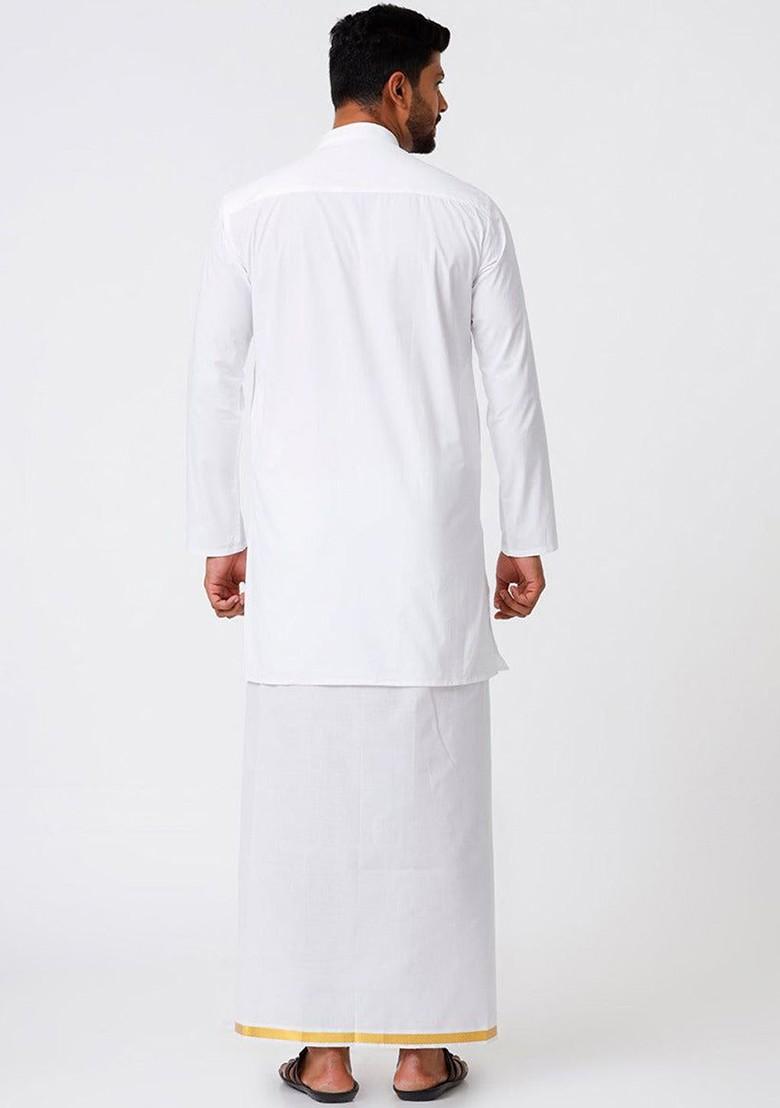 White Mandarin Collar Pure Cotton Straight Kurta With Golden Zari Dhoti For Men - Indya