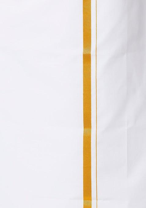 White Mandarin Collar Pure Cotton Straight Kurta With Golden Zari Dhoti For Men