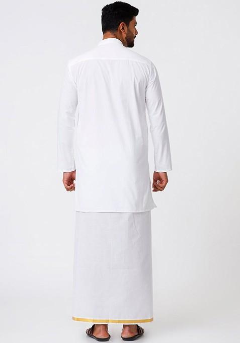 White Mandarin Collar Pure Cotton Straight Kurta With Golden Zari Dhoti For Men