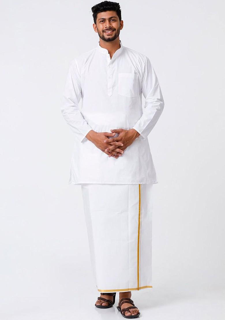 White Mandarin Collar Pure Cotton Straight Kurta With Golden Zari Dhoti For Men - Indya